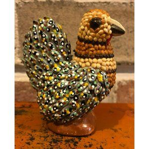 Vintage 2.5" Artisan Chicken/Hen Crafted with Seeds and Rice, Handpainted Boho S